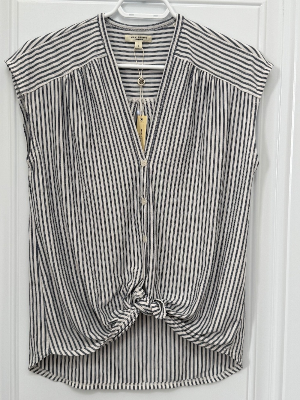 Max Studio London NWT Tie Front Striped Blouse Cap Sleeves Size Small